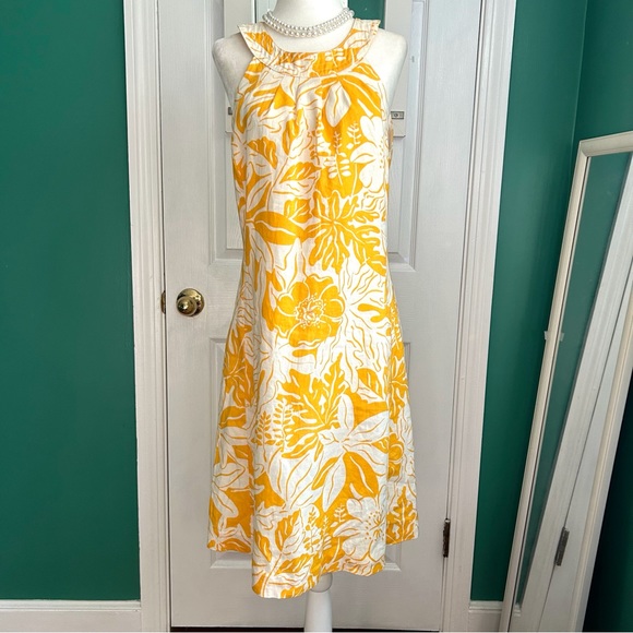 J.McLaughlin Yellow Floral Halter Linen Dress Size 6 - Picture 1 of 10